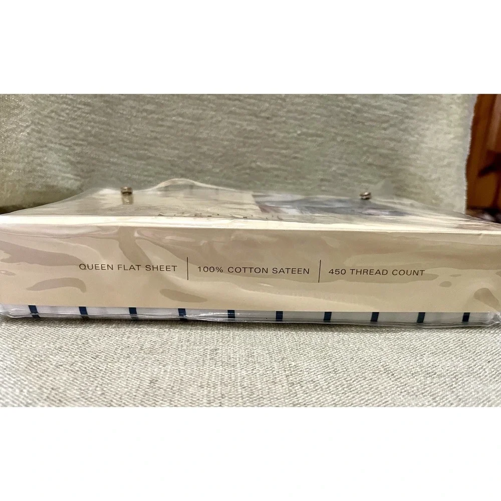 Lauren Ralph Lauren PALM HARBOR Queen Flat Sheet Italy Blue White 450 Thread Ct